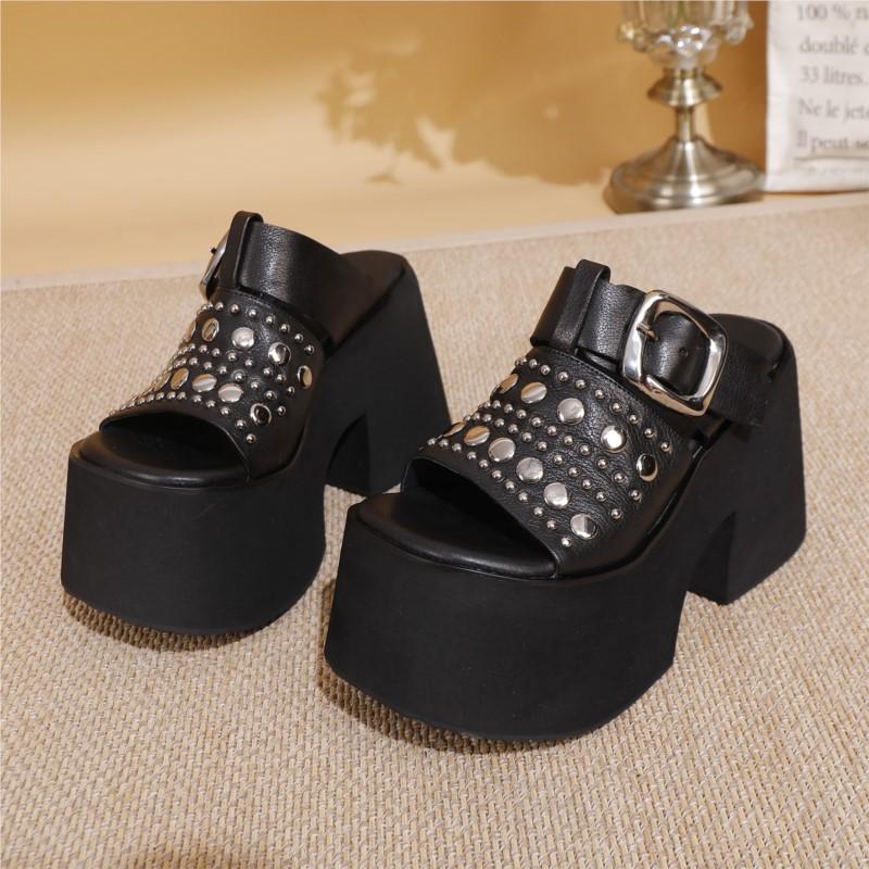 Fashion GKTINOO Genuine Leather Thick Sole Super High Heels Slippers Summer 2025 New Height Increasing Fashionable Rivet Women's Shoes