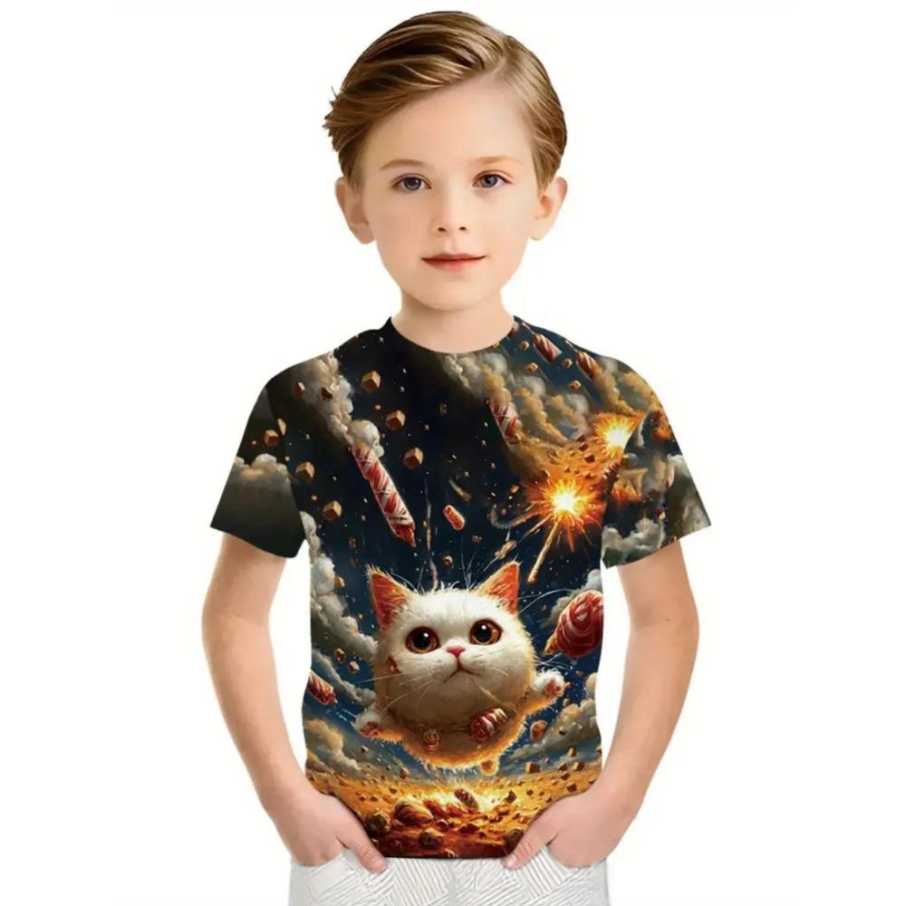 Hip Hop Cat Boys T-Shirt Cute 3D Print Summer Short Sleeve Round Neck Casual Kid Top Comfortable Soft Breathable T-shirt