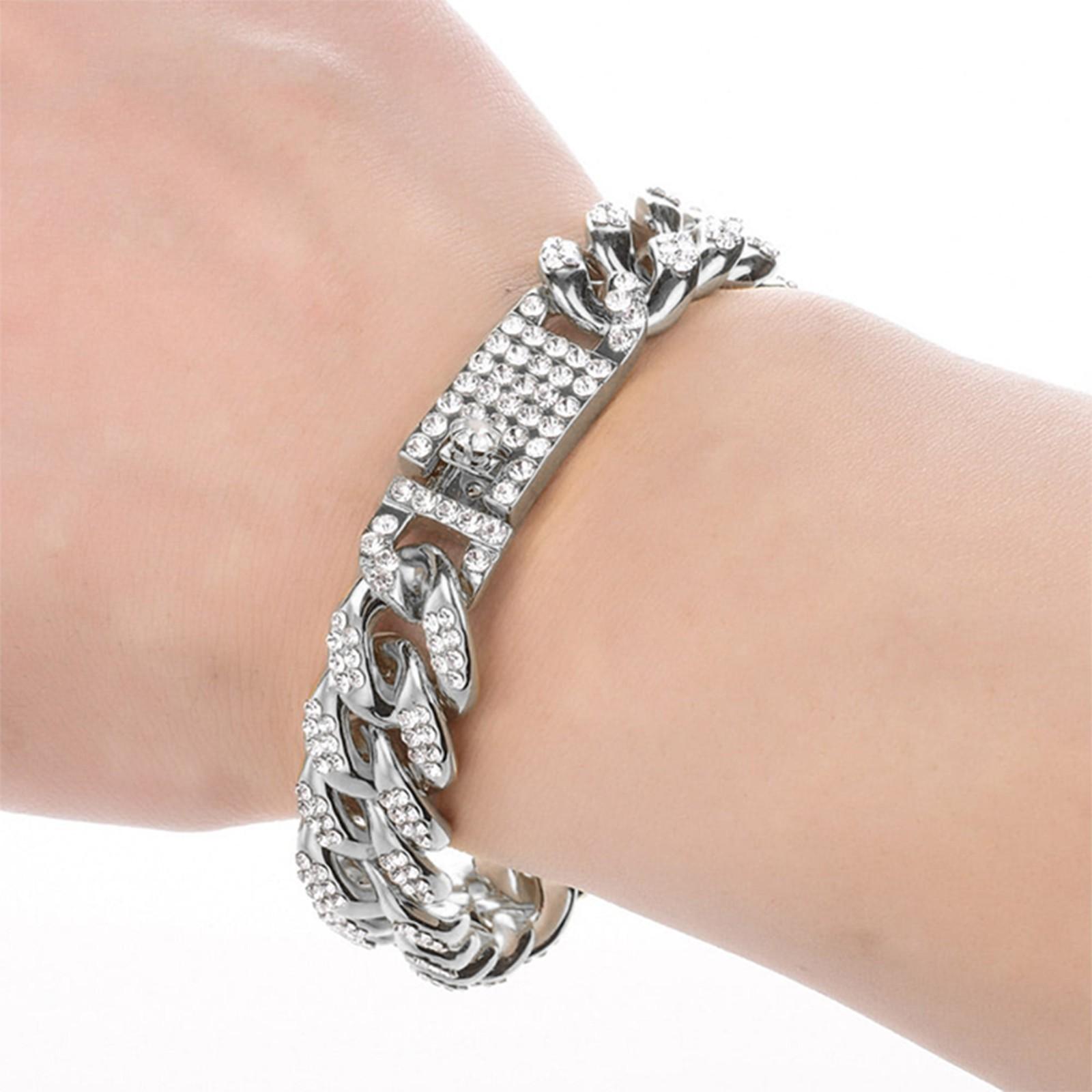 

12mm Alloy Cuban Link Chain Bracelet Full Pavé Zirconia Hip Hop Style Unisex Hand Chain Durable Clasp Jewelry Accessory One Size срібний