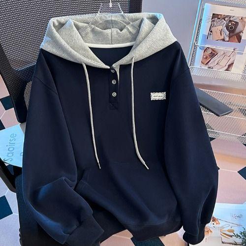 Autumn and winter Korean version lazy loose and thin single-breasted design sense contrasting color hooded sweater long-sleeved top