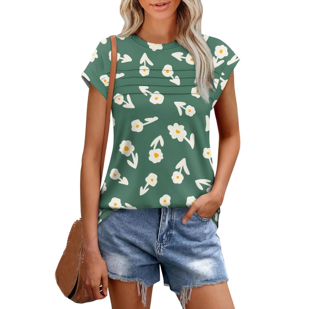Damenmode Lässig Kurzarm Basic Textur Floral Rundhals T-Shirt Kappenärmel Top