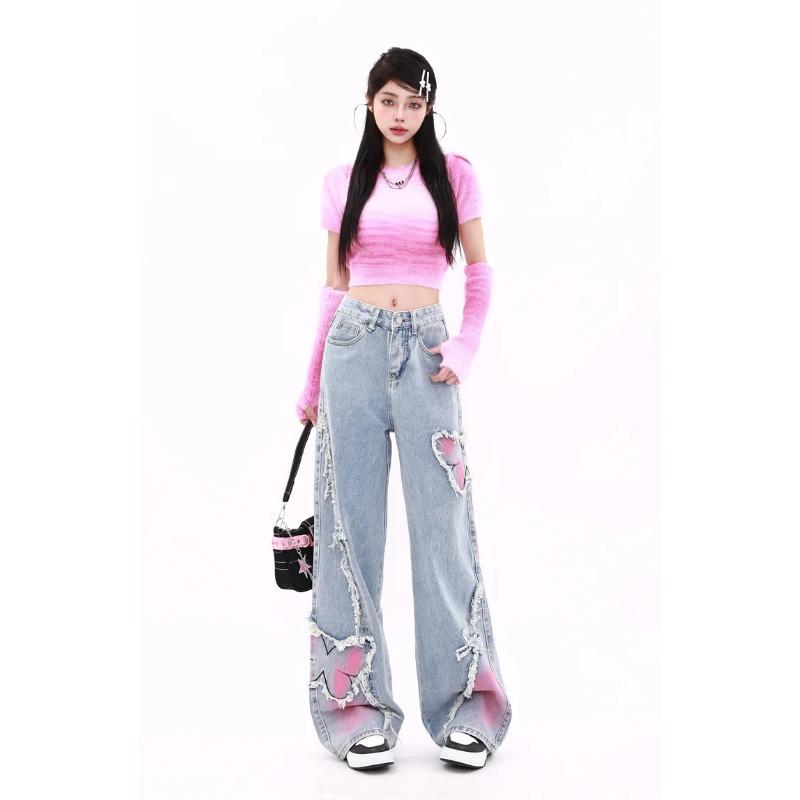 Women's Blue Baggy Butterfly Jeans Vintage Cowboy Pants Harajuku Denim Trousers Aesthetic Y2k Oversize Trashy 2000s Clothes 2024