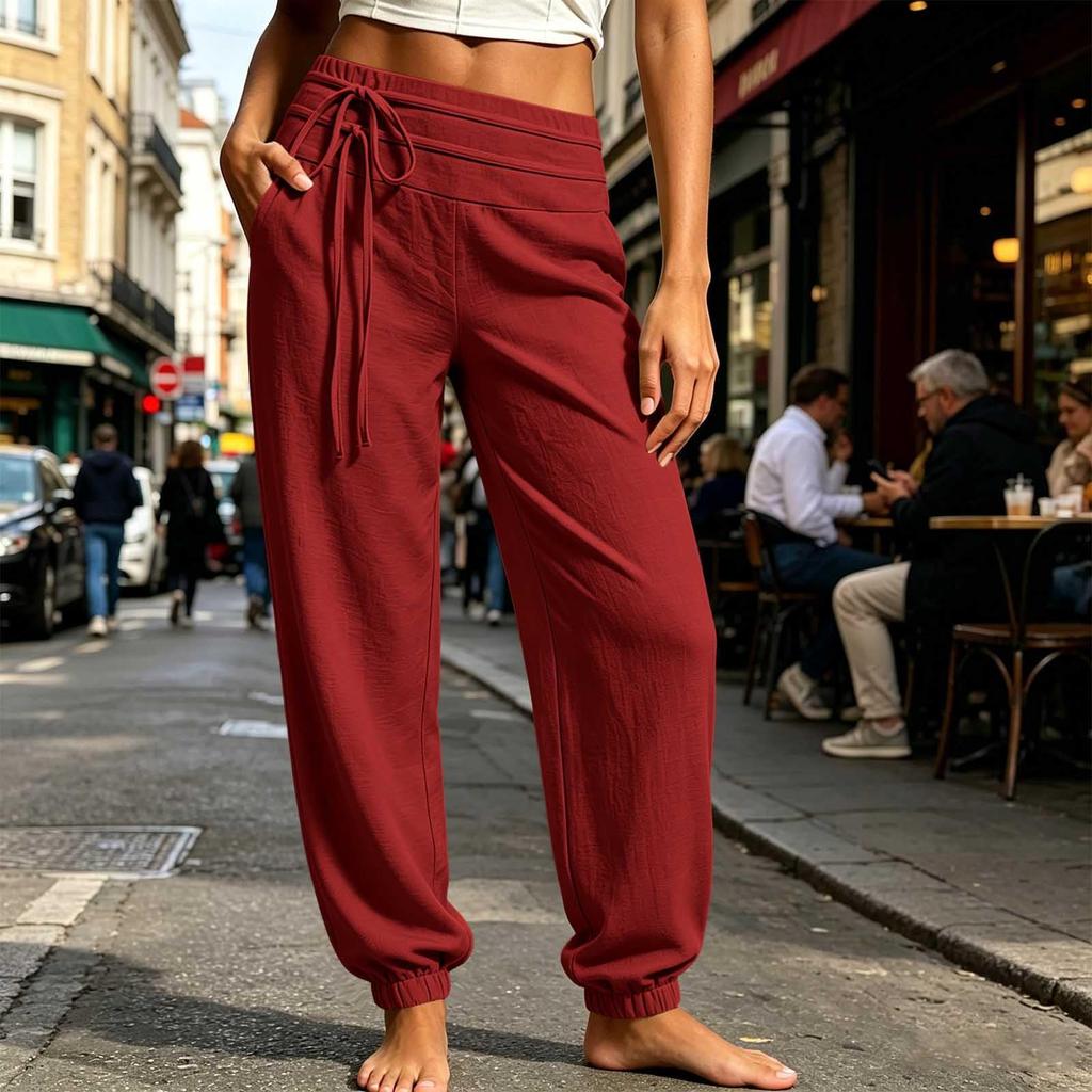 Women Casual Straight Leg Pants Elastic Waistband Drawstring Lightweight Comfortable Loose Fit Lounge Trousers
