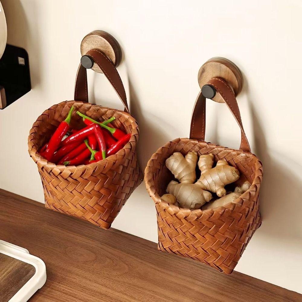 Hand-Woven Imitation Rattan Hanging Basket Plastic Garlic Ginger Storage Basket for Kitchen