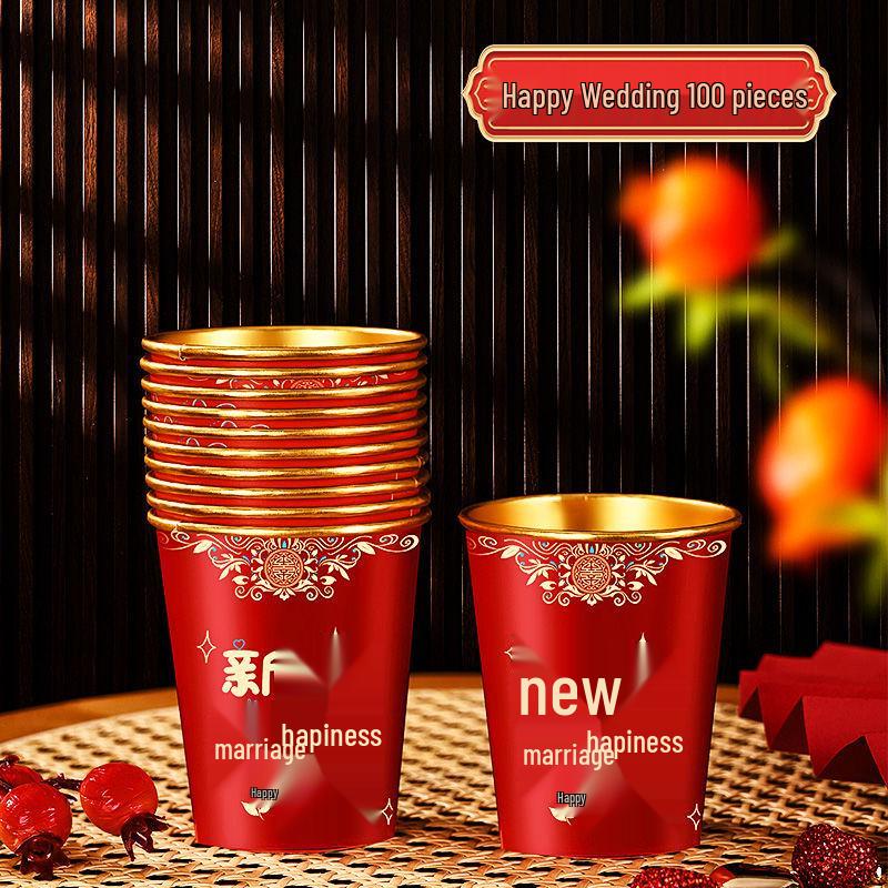 Luxurious Gold Thickened Disposable Wedding Cups - Elegant Red Tea Cups for Banquets & Household Use