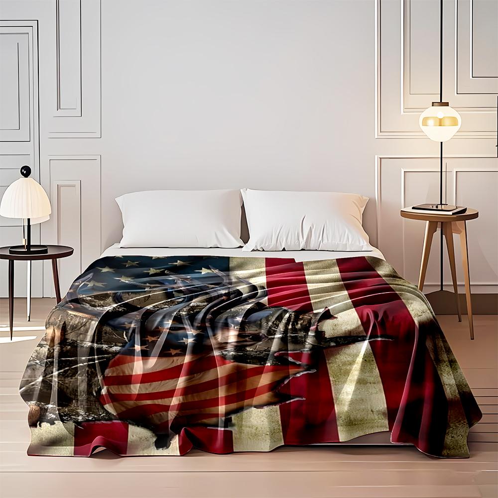 Deer with American Flag Design Flannel Blanket for bedroom, living room, sofa, and nap sofas