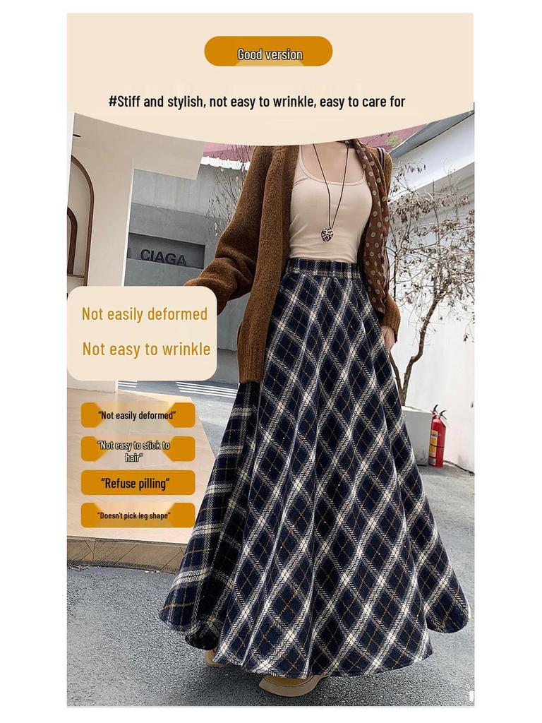 Thickened Warm Wool Retro Plaid Umbrella Skirt - 2025 Autumn/Winter Collection