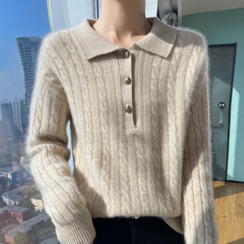 

Polo-neck Cardigan for Women In Autumn and Winter New Thickened Twisted Flower Cashmere Knitted Top Soft Glutinous Skin-friendly Versatile Base Shirt M