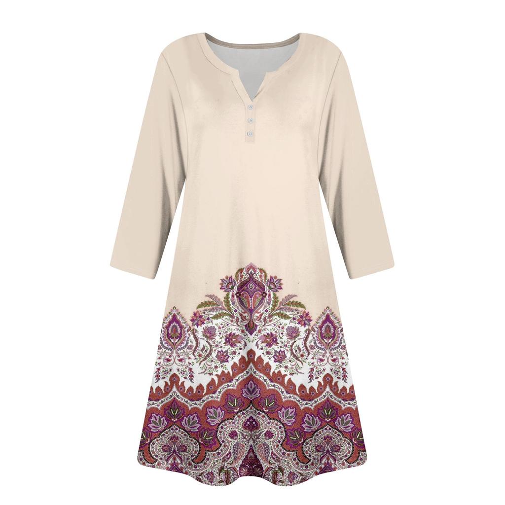 Women's Summer Dress Loose V Neck Three-quarter Sleeve Sundress With Pockets Dress