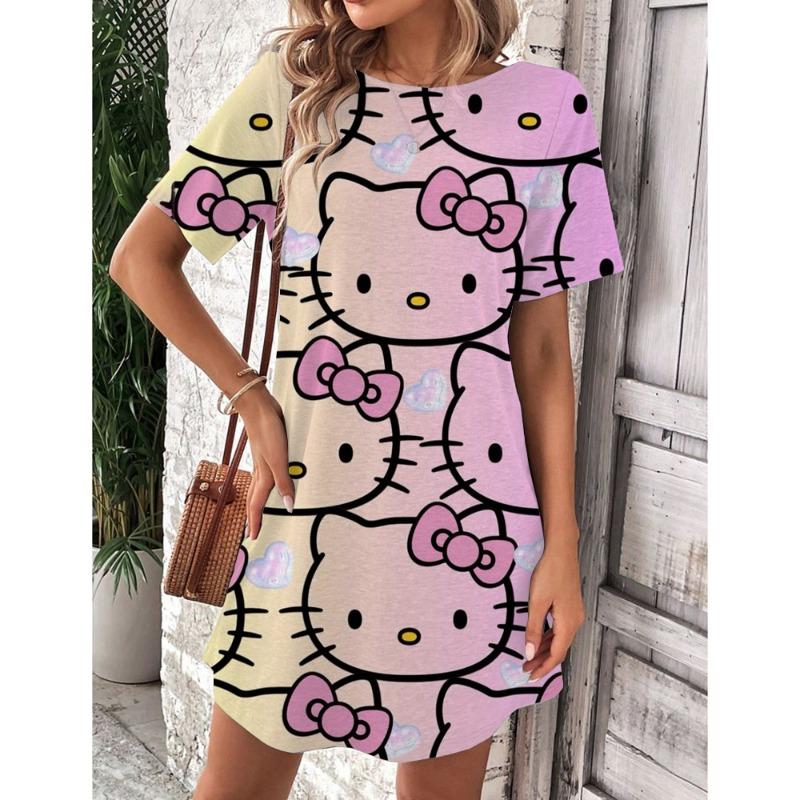 Mini Sukienka Elegancka Sukienka Damska Hello Kitty Okrągły Dekolt Krótki Rękaw Modna Lato 2025 Moda Seksowna