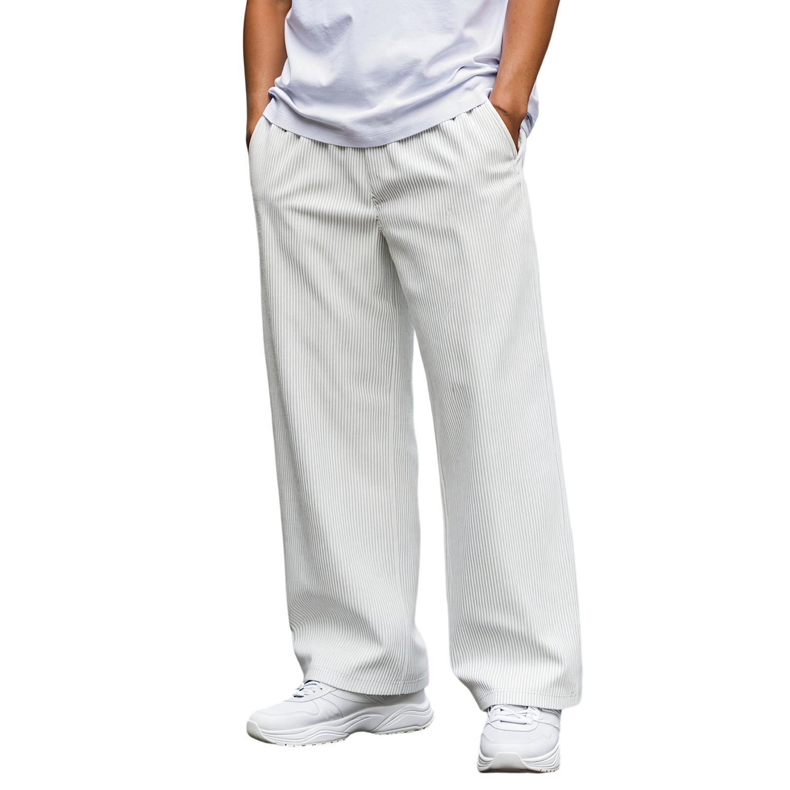 

Men s Casual Straight Leg Pants with Striped Texture Lightweight Elastic Waist Breathable Trousers for Everyday and Sportswear XXXL білий