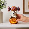 Dark Sweet Room Decor Halloween Ghost Figurine, Cute Sitting on Pumpkin Holding Candy Unique Home Collection Statue, Spooky Resin Table Ornament