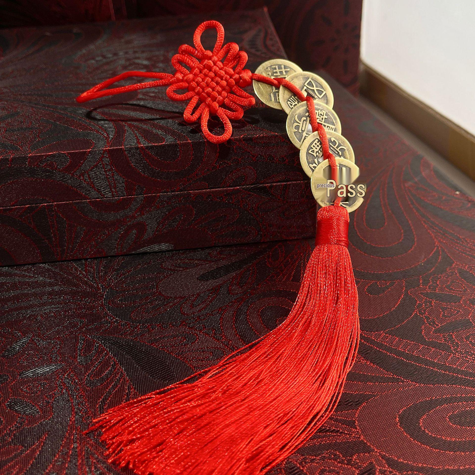 Copper Gourd Pendant with Chinese Emperor Coins, Gold Edges & Knot, Red Tassel for Home Decor