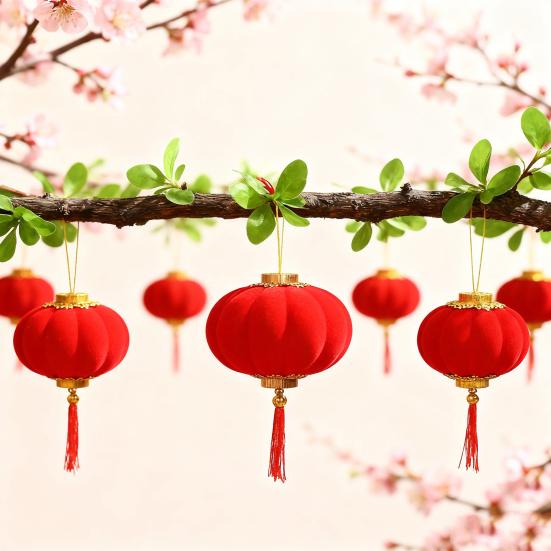 Flannel Chinese New Year Lantern Mini Red Lucky Hanging Lanterns with Tassel for Spring Festival Party Wedding Supplies