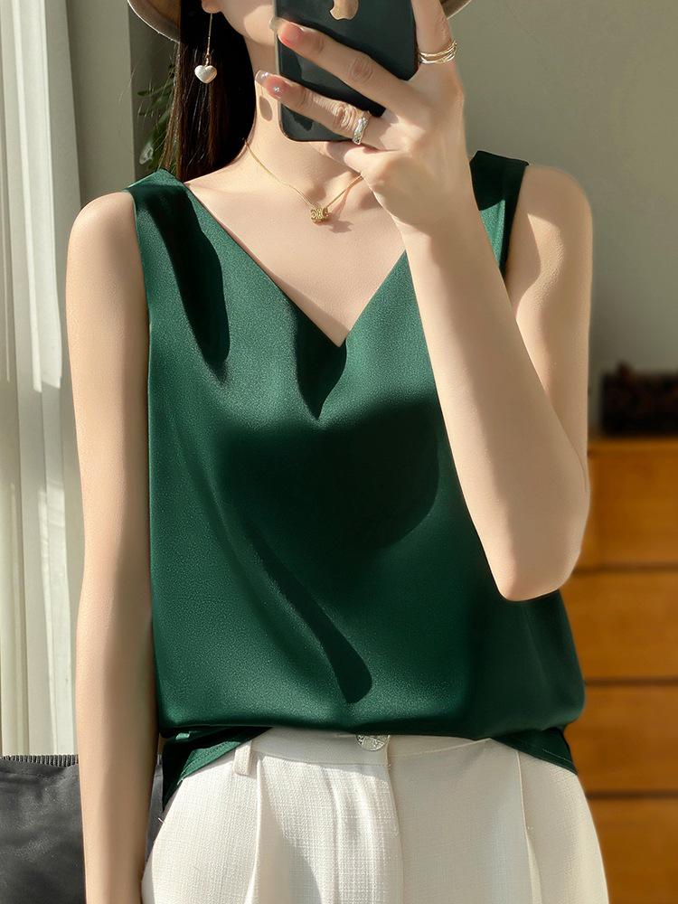 

Женская атласная майка без рукавов с V-образным вырезом из искусственного шелка XXL темно-зеленого
