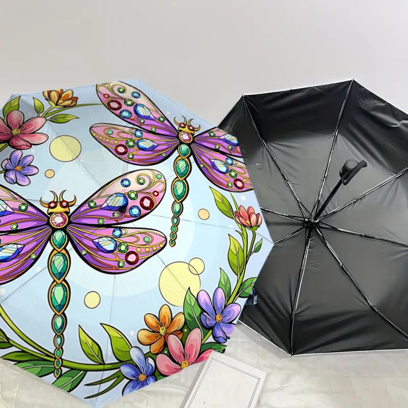 Kleurrijke Libelle & Bloem Automatisch Openende Regenparaplu - Draagbaar Opvouwbaar Ontwerp met 8-Ribs IJzeren Frame, Perfect voor Buitengebruik, Festiv