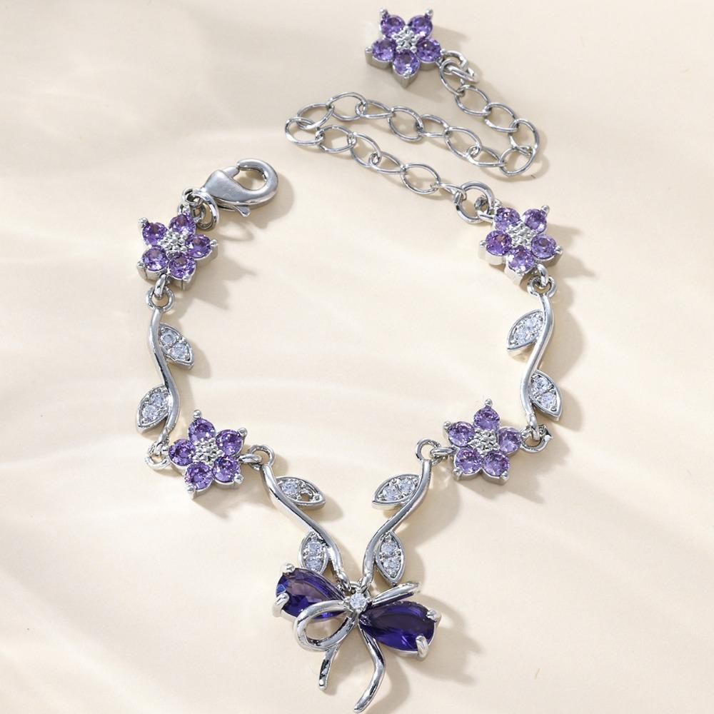 Luxury Green Leaf Flower Bracelet Fashion Exquisite Pink Cubic Zirconia Chain Sparkling Bow Shiny Rhinestone Bangle Wedding
