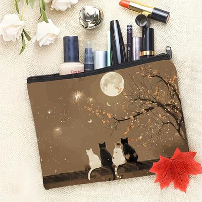 Bolsa de Cosméticos con Estampado de Gato Mirando la Luna -Regalo Ideal para Mujeres Amantes de los Gatos Artículos Esenciales de Viaje -Opción Perfecta para Halloween