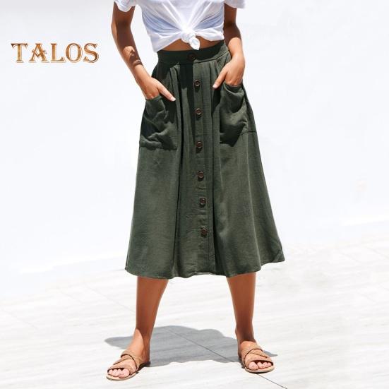 Damen-Midirock, elastisch, hoch tailliert, schlankmachender Stil, wadenlanger Rock mit Taschen, einfarbig, mit Knöpfen verziert, A-Linien-Rock