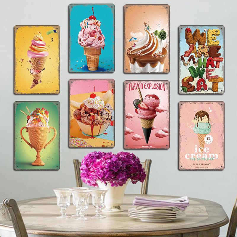 Summer Dessert Poster Vintage Metal Sign Ice Cream Cone Charlotte Metal Tin Plate Wall Decor for Cafe Shop Kitchen Living Room