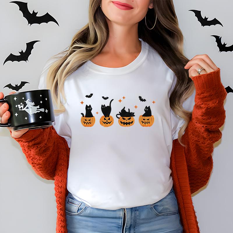 Black Cat Pumpkin Graphic T Shirts Women Trendy Halloween Retro Essential Classic Tops Cat Lover Spooky Season Halloween Tshirt S
