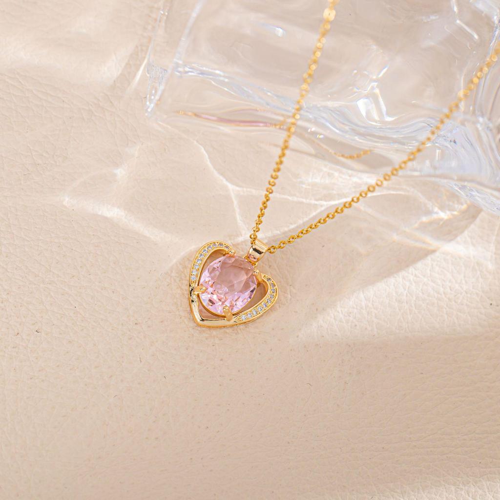 Simple Titanium Steel Necklace: European & American Style, Colorful Zircon Peach Heart Pendant, 14K Gold-Plated with Lasting Color.