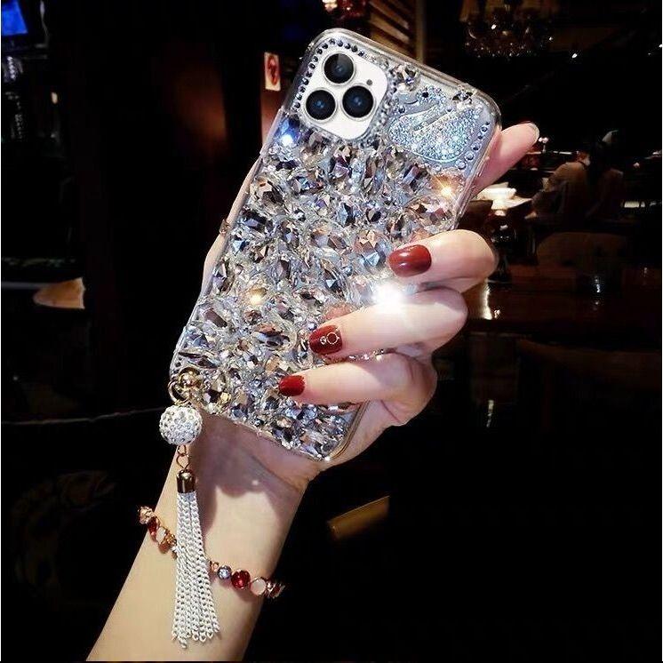 Luxusní 3D módní bling kamínky drahokamy diamanty měkké pouzdro na telefon pro iPhone 16 15 14 13 XS XR 11 Pro Max 12 MiNi třpytivé třásně závěsné ozdoby