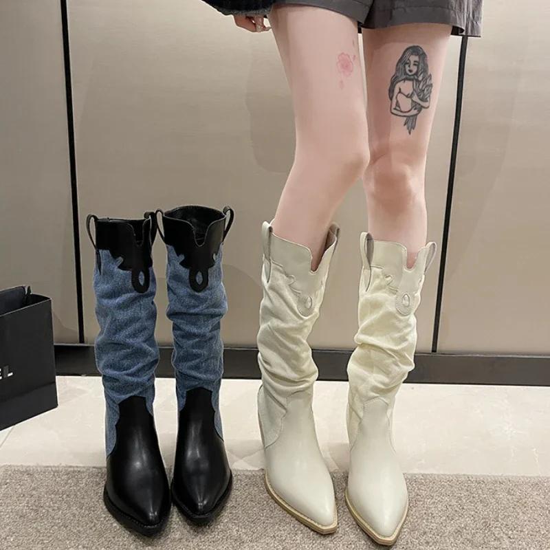 

Women s Boots New Fashion Denim Boots Women Shoes Vintage Pointed Pleated Platform Boots Knee High Botas De Mujer 2024