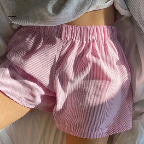 Women Summer Shorts Striped Print High Elastic Waist Retro Loose Above Knee Length Casual Sport Homewear Short Pants
