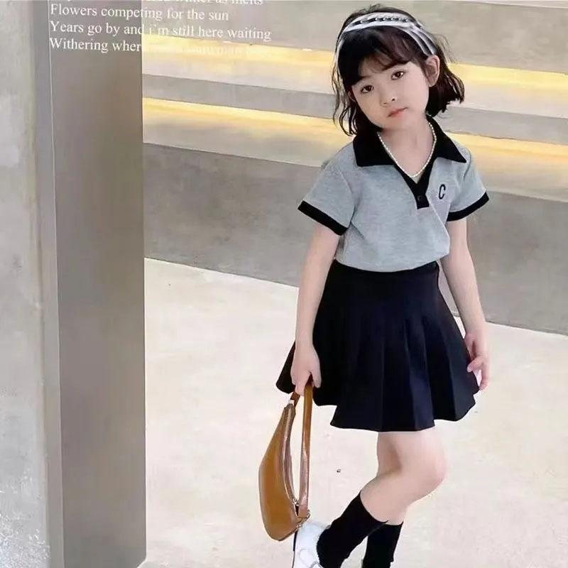 

Костюм для девочек, юбка, летняя плиссированная юбка в студенческом стиле, футболка JK, однотонный повседневный комплект из двух предметов 120 серый