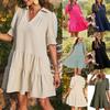 Spring and Summer Pleated V-neck Solid Color Patchwork Sleeved Dress