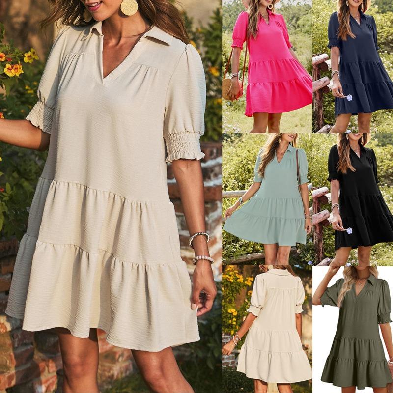 Spring and Summer Pleated V-neck Solid Color Patchwork Sleeved Dress