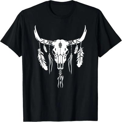 Boho Longhorn Stierschädel Design Kuhschädel und Federn Kunst T-Shirt
