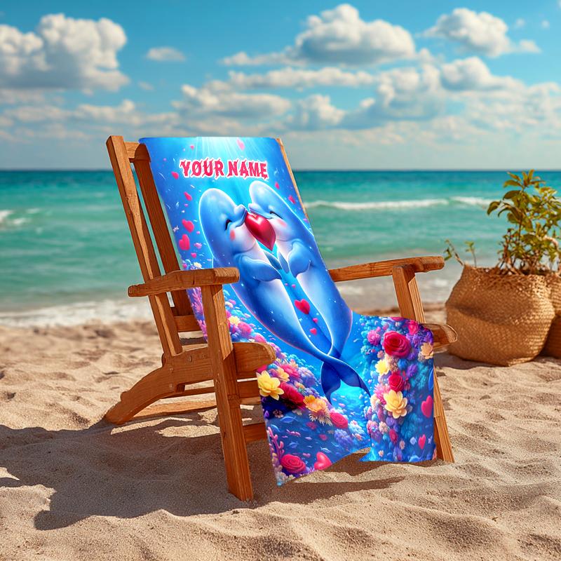 1PC Custom Name Love Between Dolphins Beach Towel Highly Absorbent And Sand-Resistant Towel for Swimming, Pool, Yoga, And Travel Lightweight