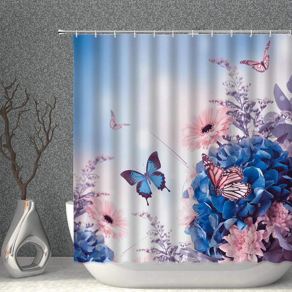 Plant Floral Shower Curtain 3D Butterfly Flower Natural Landscape Bathroom Curtains Polyester Fabric With Hook Home Bath Decor
