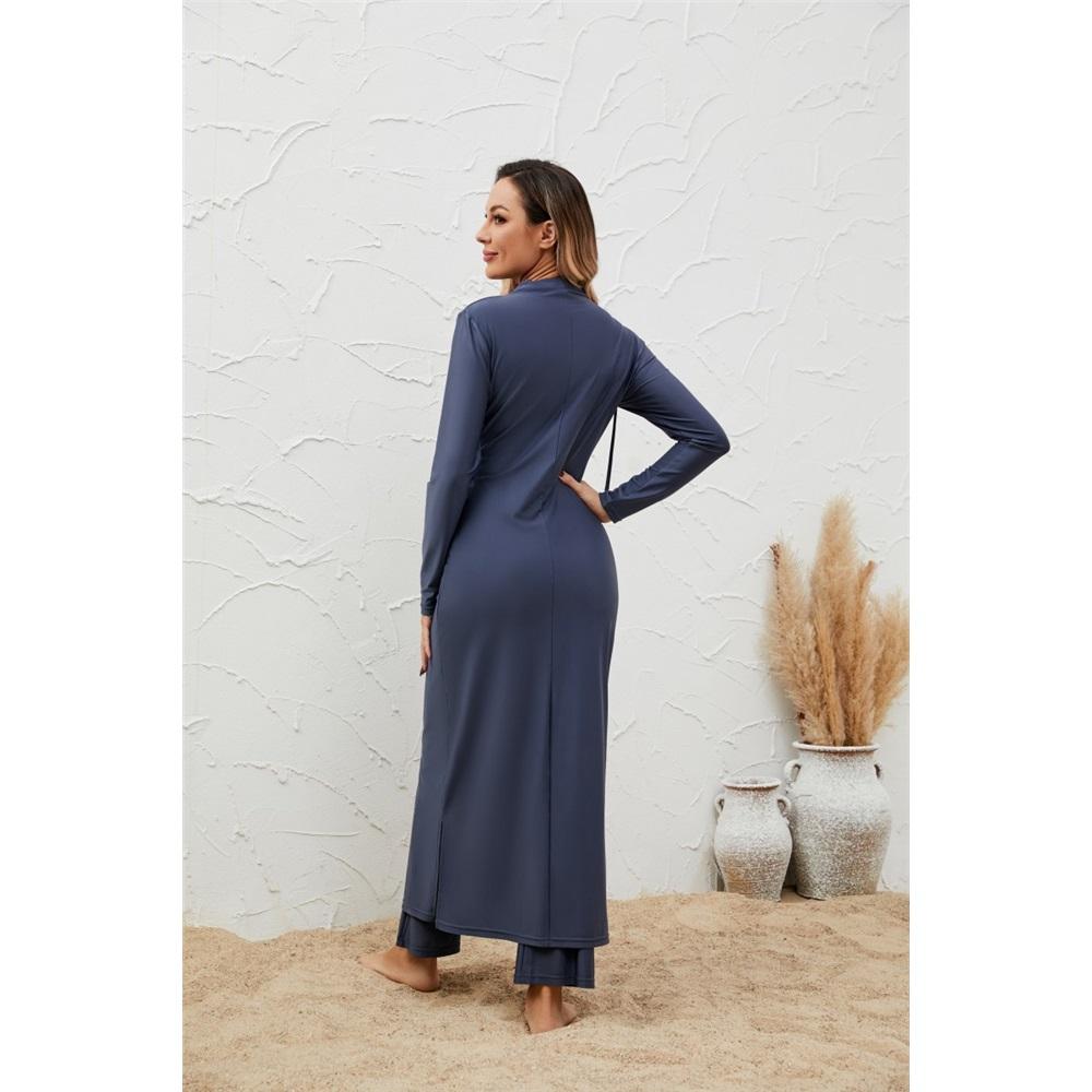 Damen 3-teiliger bescheidener Burkini Badeanzug in Marineblau mit Hijab, durchgehend langärmeliges Badekleid & Hose mit hohem Bund