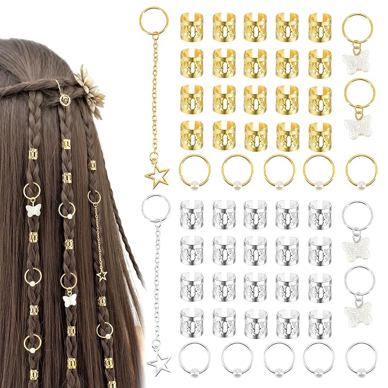 Dorasu Hair Beads, 56-Piece Set, Hair Accessories for Braiding, Butterfly, Heart, Gold, and Silver, for Kids, Hip Hop, Weddings, DIY, and Crafts, Hair