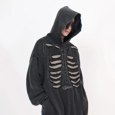 ROADVIBE Autumn Winter Ripped Hole Skeleton Design Punk Hip Hop Hoodie Men Women High Street Vintage Oversize Hoodies