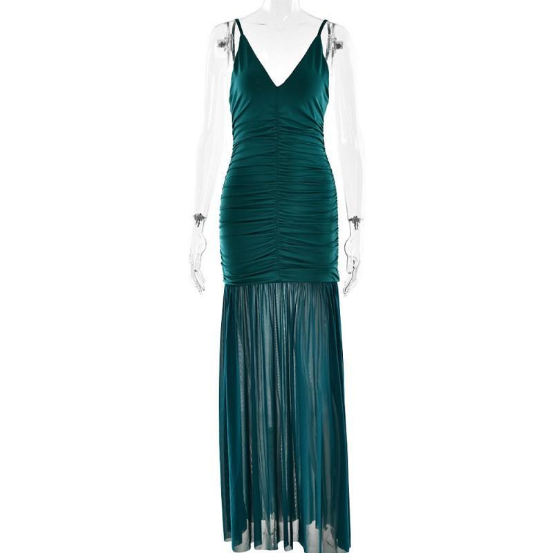 

European American Style New Elegant Suspender Mesh Dress Sexy Deep V Pleated Splicing Backless Long L зелений