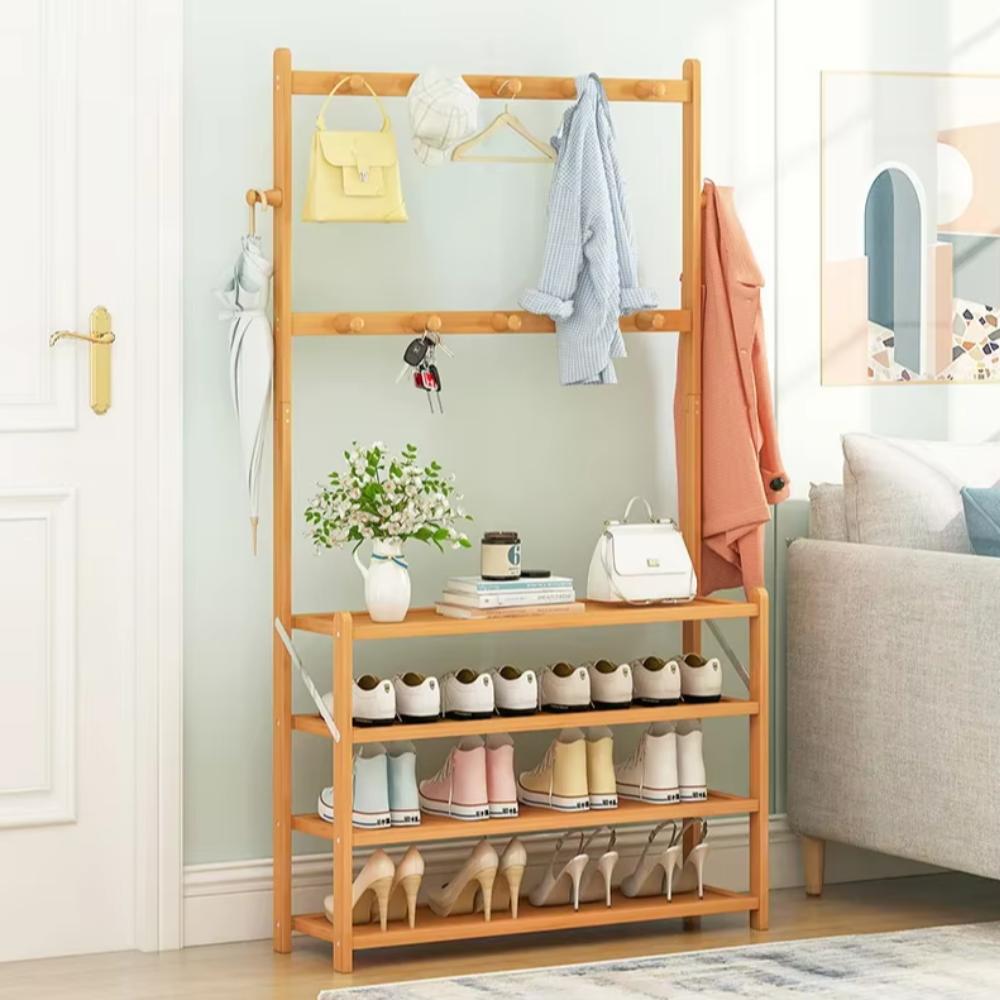 Bamboo Hanger, Shoe Rack, Shelf, Hall Stand, 4 Shelves, Hooks, Footwear