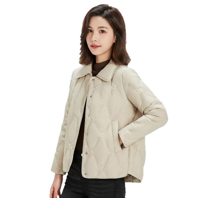 Womens Lightweight Hoodless Down Jacket Short Slim Fit Korean Style Casual Quilted Duck Coat