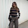 Womens Striped Knit Cardigan Slim Fit Turn-Down Collar Fashion Versatile Outerwear