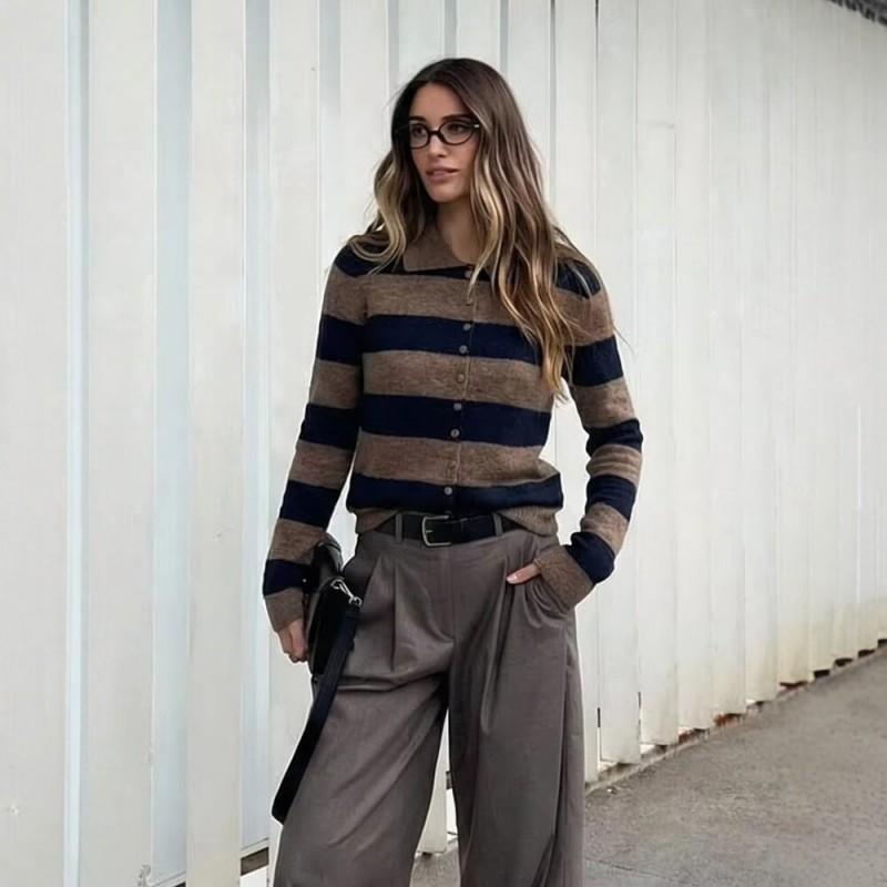 Womens Striped Knit Cardigan Slim Fit Turn-Down Collar Fashion Versatile Outerwear