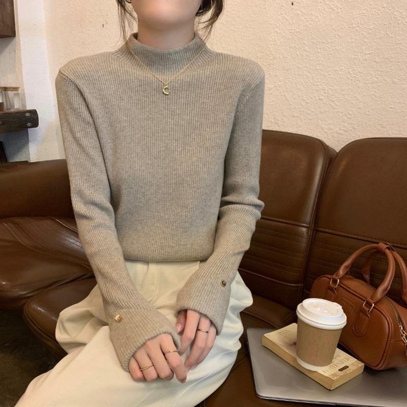 Knitted sweater women's semi-turtleneck bottoming shirt spring unique cuff design inner top