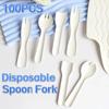 100Pcs Eco-Friendly Disposable Spoon Fork White Dessert Cake Scoop Mini Paper Fork Spoon  Household
