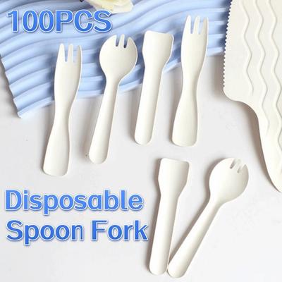 100Pcs Individual Packing Disposable Spoon Fork White Eco-Friendly Ice Cream Spoons Degradable Thickened Mini Paper Fork Spoon