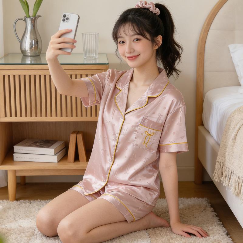Ice Silk Pajamas Women'S Short-Sleeved Shorts Summer Cool Bow Jacquard Lapel Cardigan Loungewear Outside