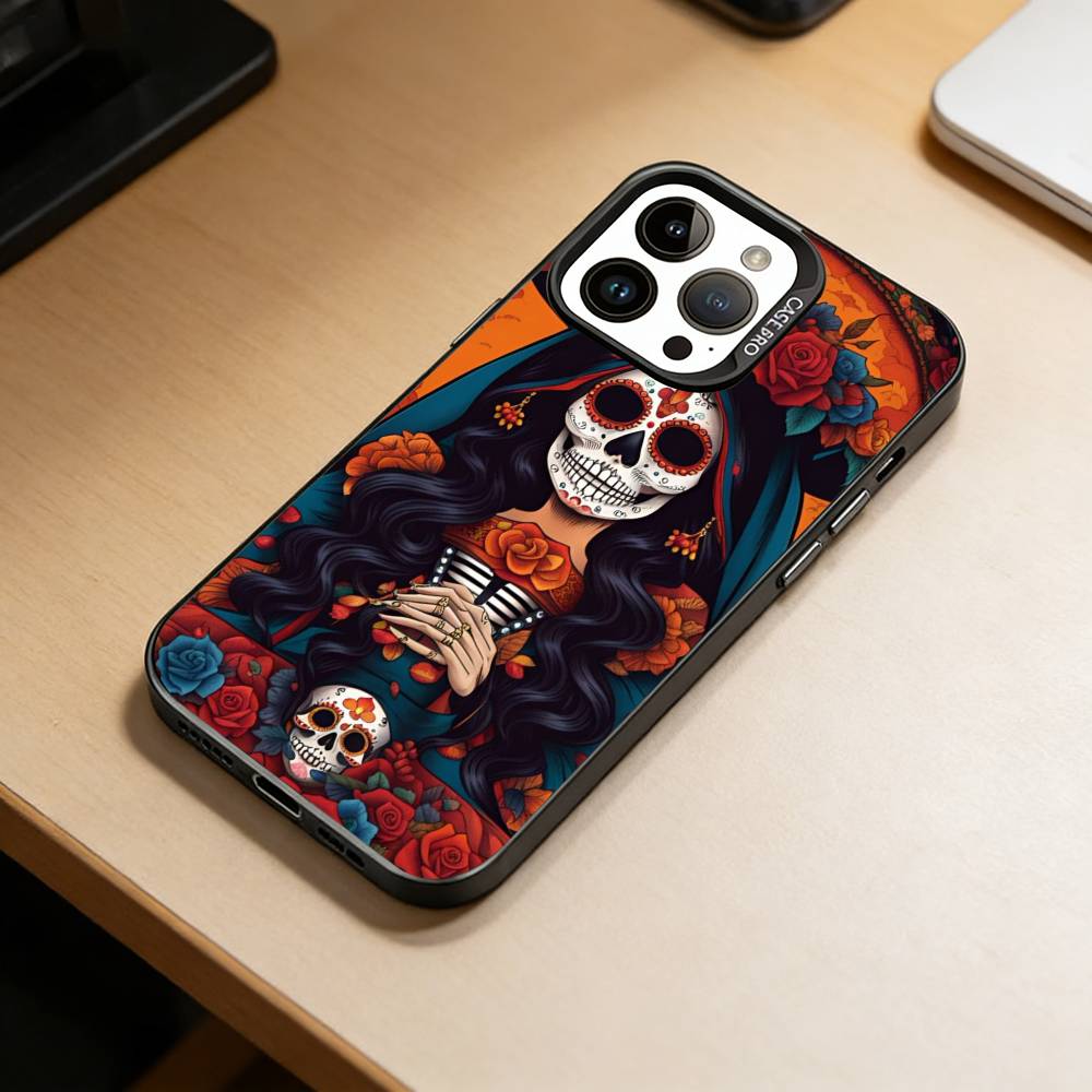 Day of the Dead Skull  Phone Case For iPhone 17,16,15,14,13,12,11 Plus,Pro Max,XS,Colorful Silver Black Cover