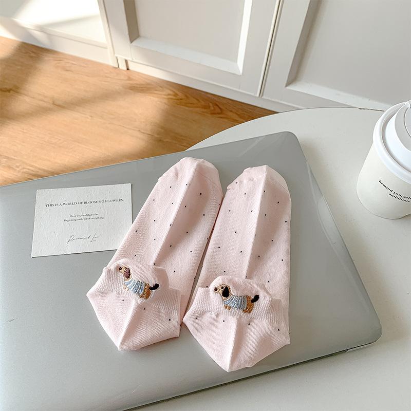 Female Spring and Summer Thin Pure Cotton Polka Dot Cute Cartoon Dachshund Embroidered Boat Socks