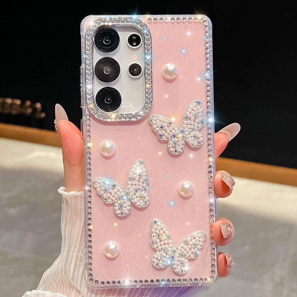 Glitter Pearl Butterfly Suitable for Samsung S25 Ultra Mobile Case Flash Diamond S24FE Luxury A56 Protection Case
